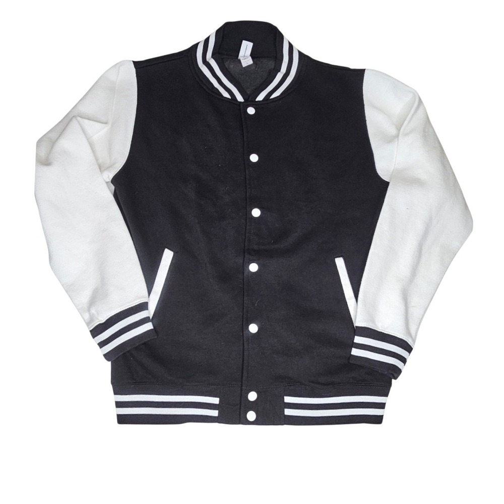 Just Hoods Varsity Jacket Large Black White Letterman JH043 Snap Sweatshirt